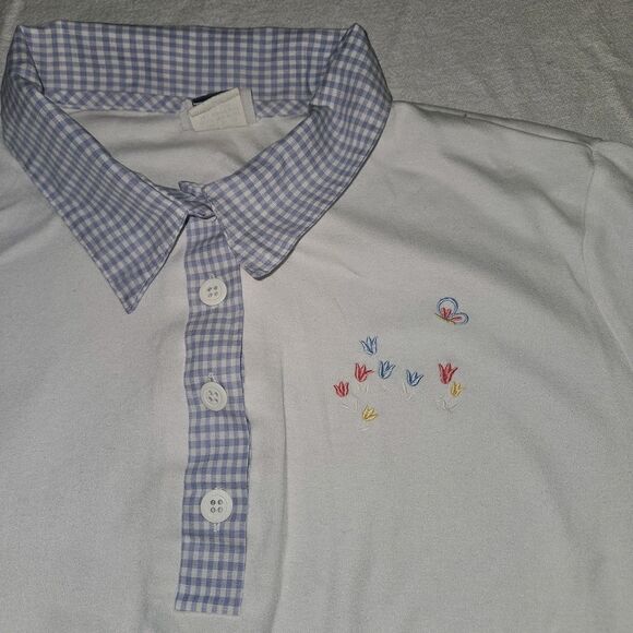 Womens Gingham XL White Blue Cottagecore Blouse Embroidered Butterflies Floral - Picture 3 of 10
